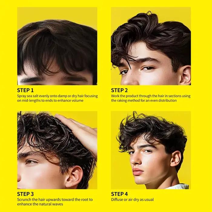 Spray de sel de mer naturel pour hommes brume capillaire volumateur boucles ondulées finition mate décontractée coiffure plage occasions spéciales