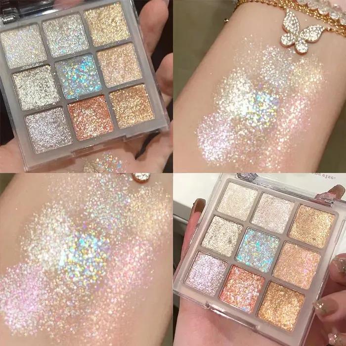 Palette de fards à paupières à paillettes, 9 couleurs, couleur terre, nacré, reflets scintillants, paillettes scintillantes, bleu, violet, maquillage pour les yeux
