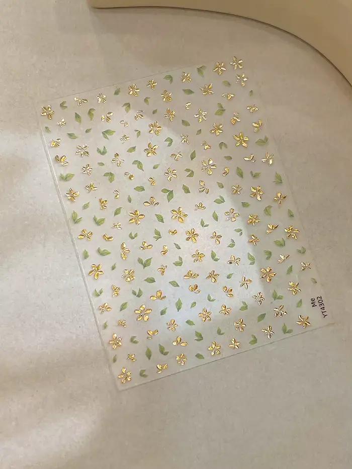 Autocollants pour ongles, feuille verte dorée, fleur, exquitifs, 3D, fleurs à cinq pétales, décorati